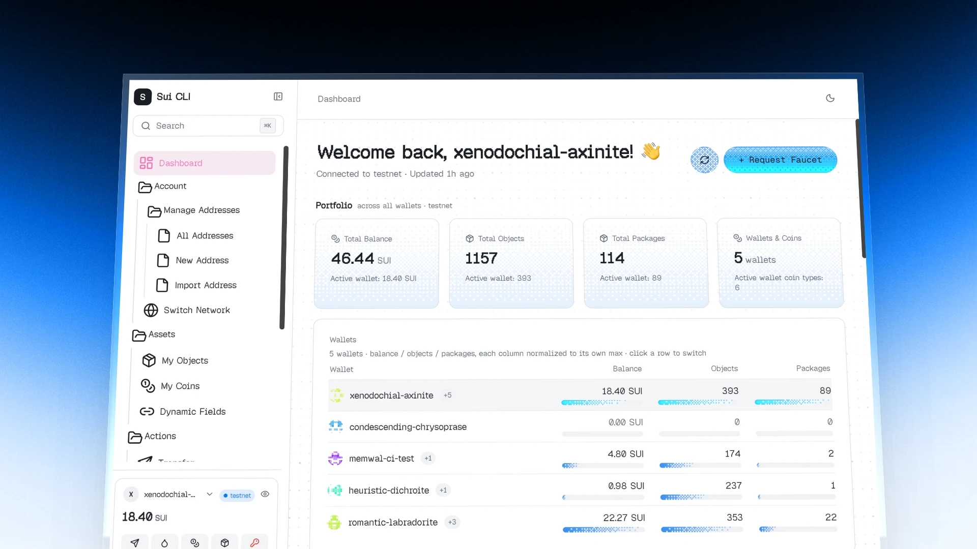 The Sui CLI Web dashboard: a sidebar of account, asset and action commands beside a portfolio summary showing total balance, objects and packages, over a table of five wallets.
