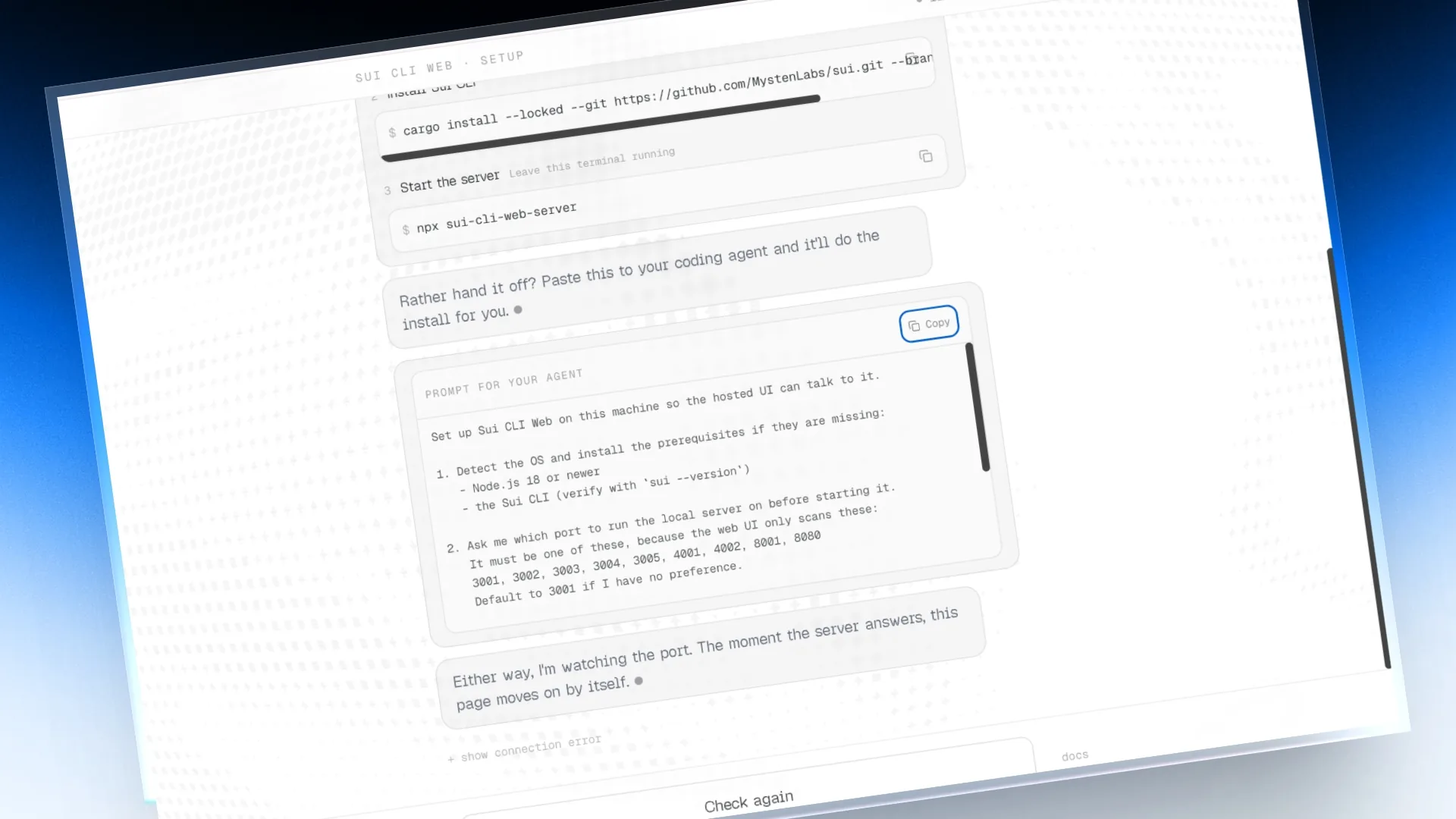 The Sui CLI Web setup screen: numbered install steps with copyable cargo and npx commands, then a "Prompt for your agent" block telling a coding agent to detect the OS, install Node.js and the Sui CLI, and ask which port to run the local server on.